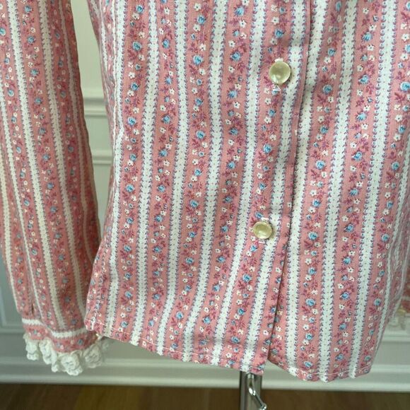 Vintage 70s Cottage Core Country Bicentennial Blouse Calico Lace S - Picture 5 of 9